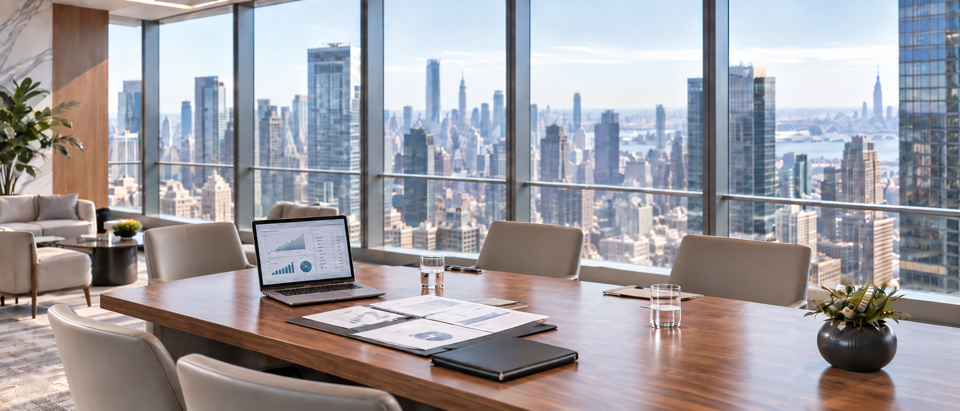 Moderner Besprechungsraum im Hochhaus mit Blick auf die Skyline